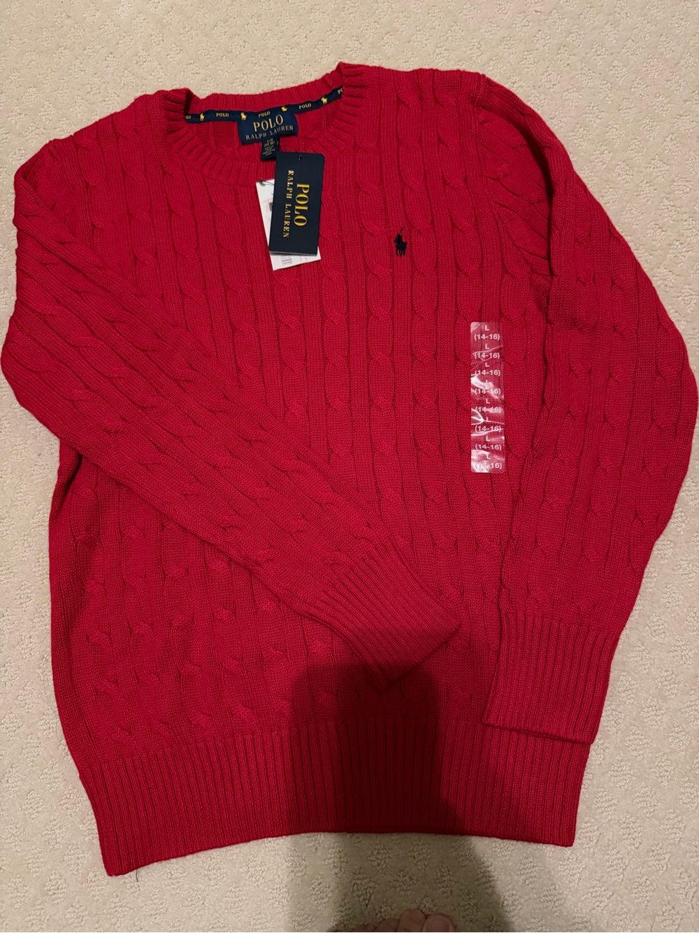 Polo by Ralph Lauren Men’s Bright Red Cable Crewneck Sweater - Boys Youth 14/16